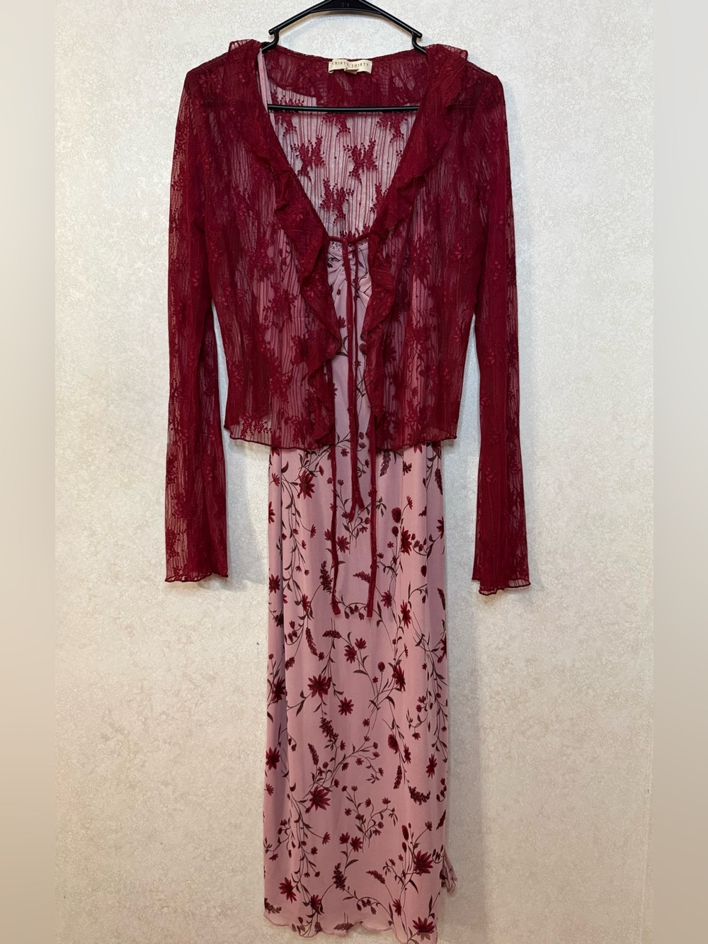 Burgundy Cardigan with Blush Floral Dress